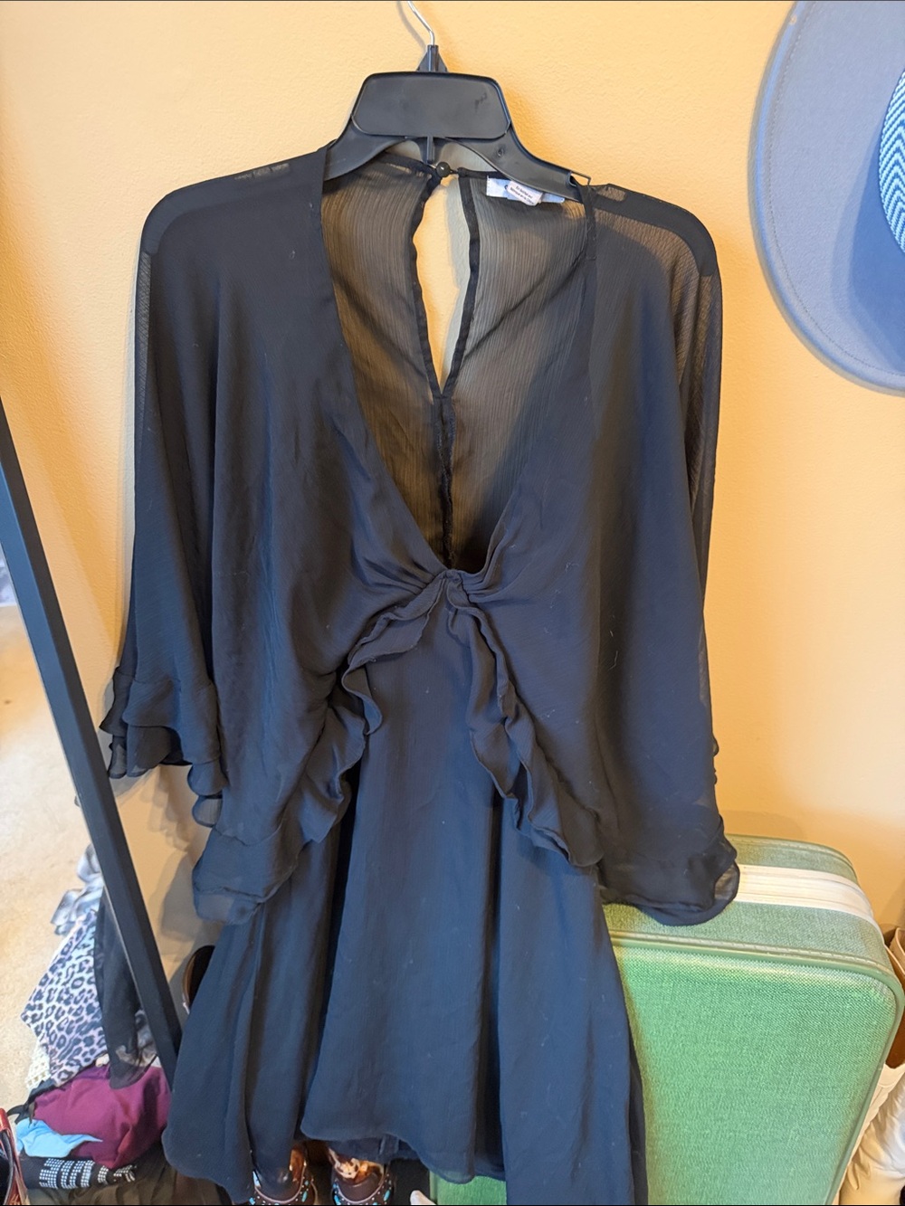 Glamour Black Sheer Ruffle Tie-Front Dress